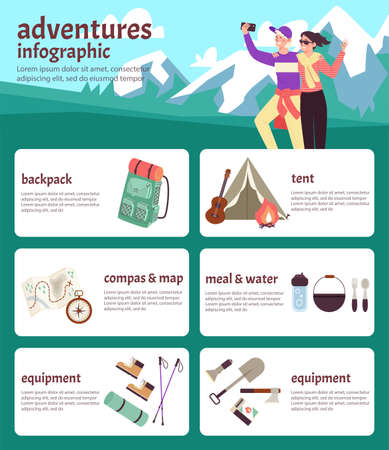 Adventures infographic set with tourist equipment, flat vector illustration.のイラスト素材