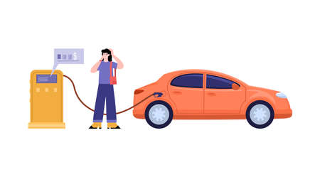 Woman refueling car and enjoying saving money, flat vector illustration isolated.のイラスト素材