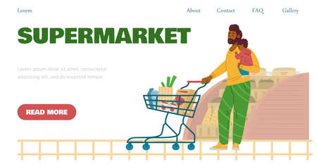 Supermarket web banner with man and child shopping, flat vector illustration.のイラスト素材