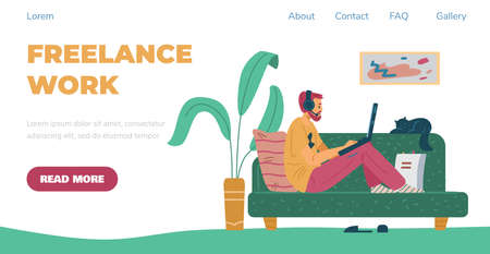 Remote freelance work website with man works at home, flat vector illustration.のイラスト素材