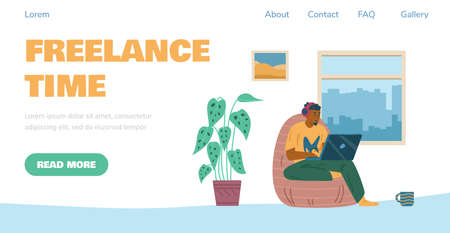 Freelance website with man working on laptop from home, flat vector illustration.のイラスト素材