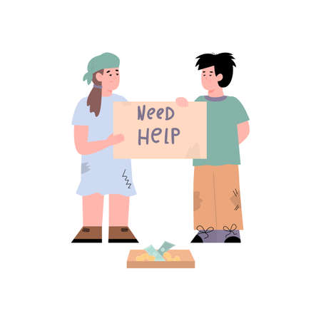 Poor children begging for help and donation cartoon vector illustration isolated.のイラスト素材