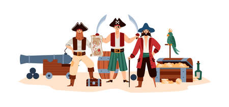 Funny pirates with treasure chest and cannon flat vector illustration isolated.