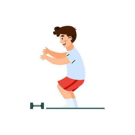 Boy kid doing physical exercises in gym a flat cartoon vector illustration.のイラスト素材