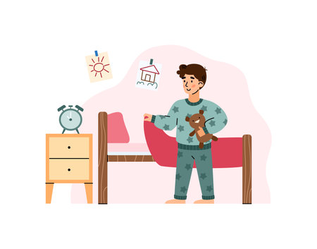Little boy in pajama standing next to bed, cartoon vector illustration isolated.のイラスト素材