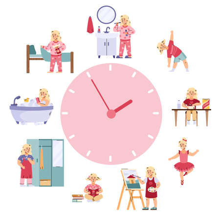 Schedule of daily routine for cute kid girl a vector flat cartoon illustrationのイラスト素材
