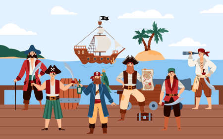 Seascape background with ship and pirates, cartoon flat vector illustration.のイラスト素材