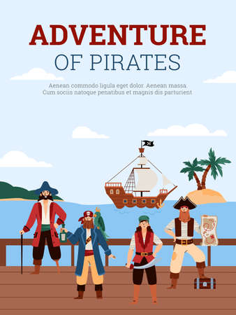 Adventure of pirates banner or poster with seascape, flat vector illustration.のイラスト素材