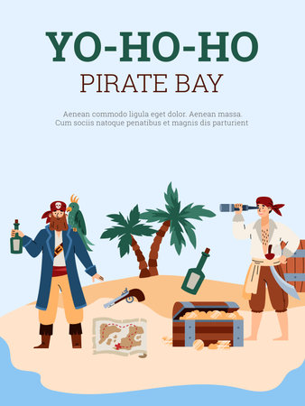 Pirate bay party or quest banner with cartoon people flat vector illustration.のイラスト素材