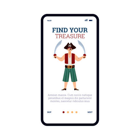 Home screen with pirate and find your treasure lettering, vector illustration.のイラスト素材