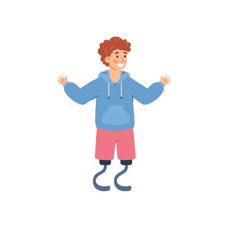 Cheerful disabled boy with prosthetic limb, cartoon vector illustration isolated.のイラスト素材