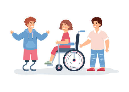 Special needs disabled children and friends, flat vector illustration isolated.のイラスト素材