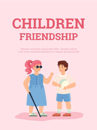 Children friendship banner with disabled girl, cartoon vector illustration.のイラスト素材