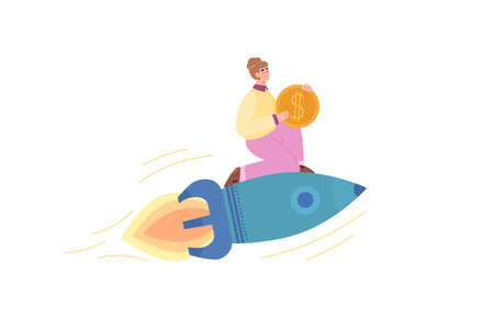 Business woman with golden coin flying on rocket, vector illustration isolated.のイラスト素材
