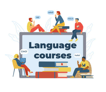 Language courses banner with people and tablet, flat vector illustration.のイラスト素材