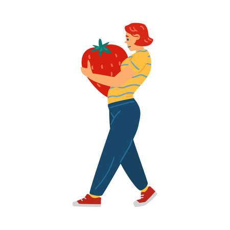 Woman carrying huge strawberry in hands, flat vector illustration isolated.のイラスト素材