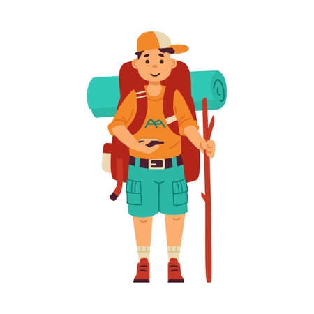 Cute teen boy carrying tourist camping gear, flat vector illustration isolated.のイラスト素材