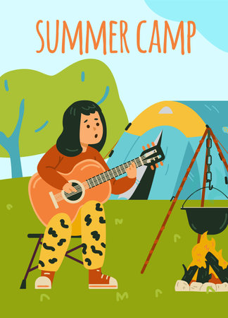 Summer camp for children banner or poster, flat cartoon vector illustration.のイラスト素材