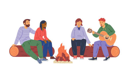 Group of young people sitting around campfire flat vector illustration isolated.のイラスト素材
