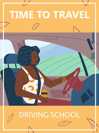 Car traveling banner or poster with woman driving, flat vector illustration.のイラスト素材