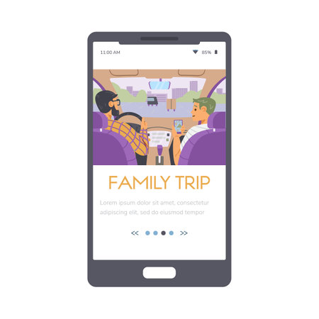 Family trip onboarding page with people in car, vector illustration isolated.のイラスト素材