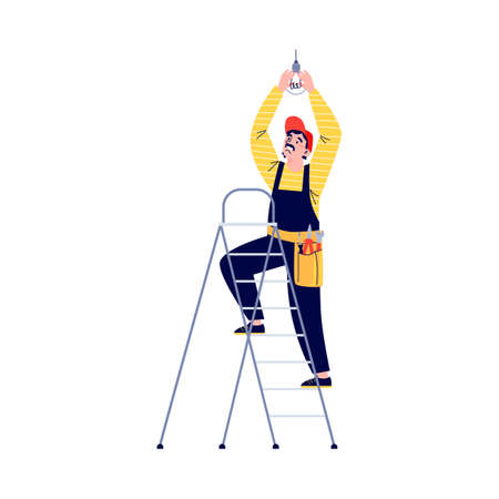 Electrician changing electric light bulb, flat vector illustration isolated.のイラスト素材