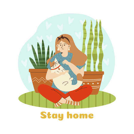 Woman with her pet and houseplants - stay home banner flat vector illustration.のイラスト素材