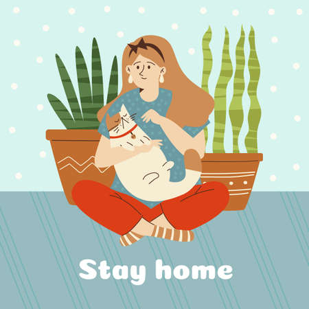 Stay home banner with woman petting her cat, flat vector illustration.のイラスト素材