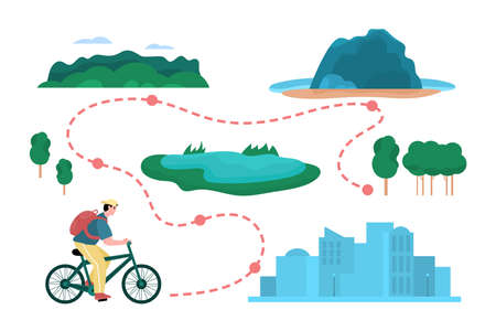 Bicycle trip with cyclist moving along route, flat vector illustration isolated.のイラスト素材