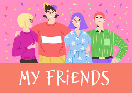 Group of happy friends introverts and extroverts a vector illustrationのイラスト素材