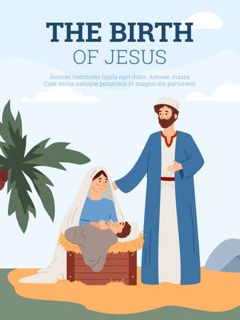 The Birth of Jesus Bible episode banner or poster, flat vector illustration.のイラスト素材