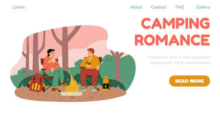 Camping website banner with couple resting at campsite flat vector illustration.のイラスト素材
