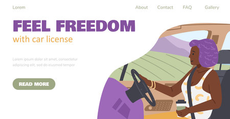 Website banner with woman traveling with car, flat vector illustration.のイラスト素材