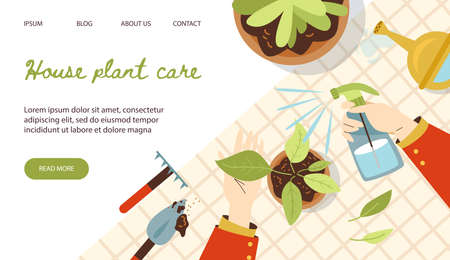 House plant care banner with garden tools and plants, flat vector illustration.のイラスト素材