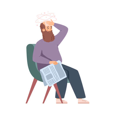 Elderly man in armchair feeling weak and tired flat vector illustration isolated.のイラスト素材
