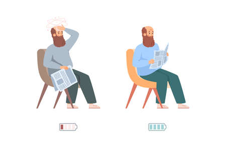 Tired and rested man with indicators of energy flat vector illustration isolated.のイラスト素材