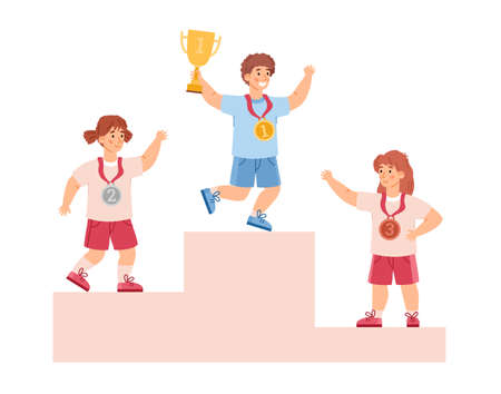 Kids champions on pedestal with trophy cups flat vector illustration isolated.のイラスト素材