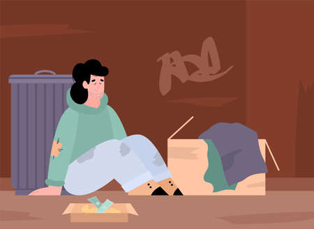 Poor homeless unemployed man sitting near donation box a vector illustration.のイラスト素材