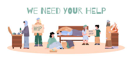 Homeless people support banner, cartoon vector illustration isolated on white.のイラスト素材