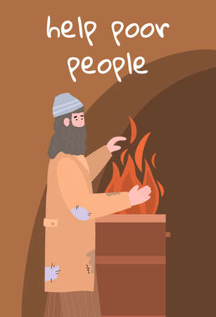 Poor homeless beggar in dirty torn clothes heating hands near barrel with fireのイラスト素材