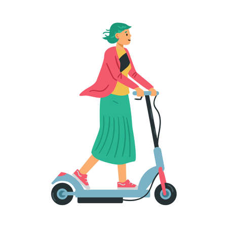 Woman riding electric scooter, flat vector illustration isolated on white.のイラスト素材