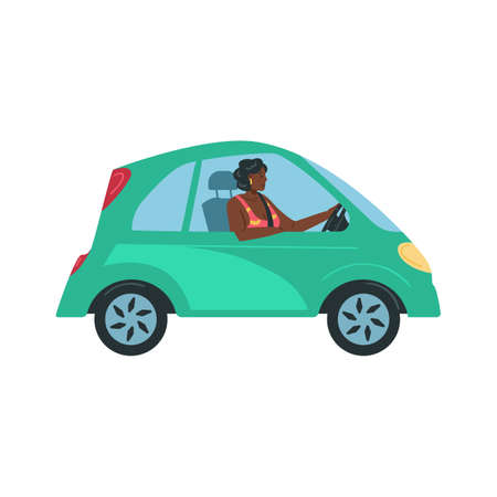 African american woman riding electric car, flat vector illustration isolated.のイラスト素材