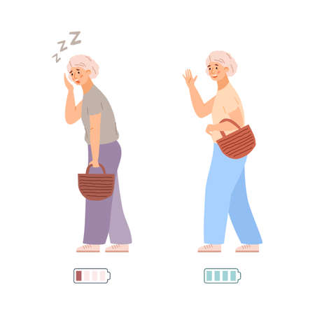 Infographic of old woman tired and energetic, flat vector illustration isolated.のイラスト素材