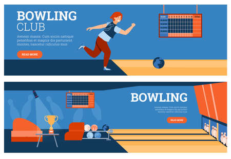 Set of banners or flyers background for bowling game, flat vector illustration.のイラスト素材