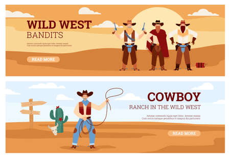Backgrounds set on topic of wild west and cowboy life, flat vector illustration.のイラスト素材