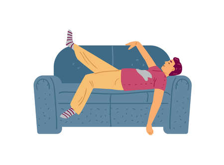 Lazy or tied man sleeping on couch, flat vector illustration isolated on white.のイラスト素材