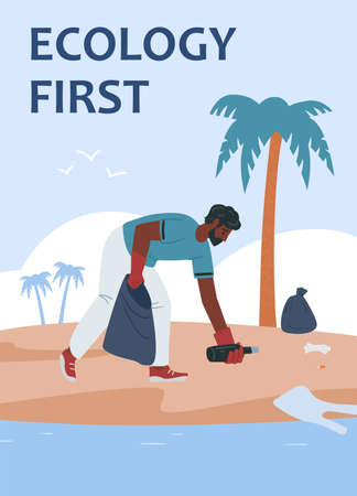 Young man clean up trash at ocean beach or sea coast into plastic rubbish sackのイラスト素材