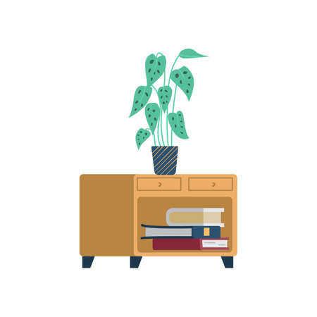 Bedside wooden table with flower and books, flat vector illustration isolated.のイラスト素材