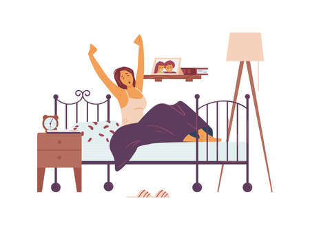 Woman awaking in her bed at morning, flat vector illustration isolated on white.のイラスト素材