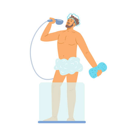 Man sing in shower enjoying daily water procedure for body at home bathroom.のイラスト素材